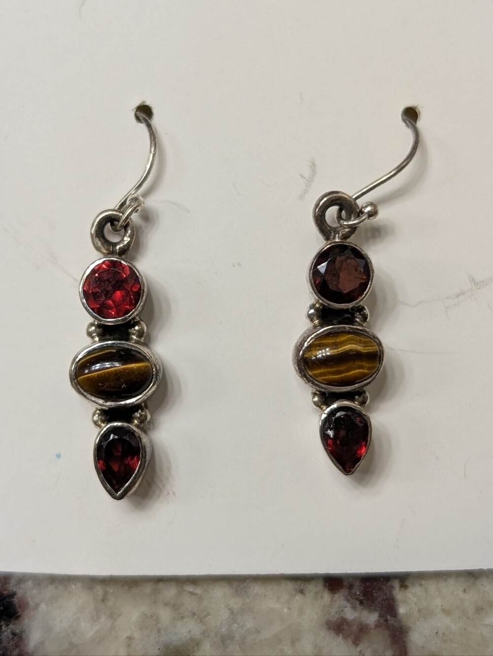 Sterling Drop Earrings with Red Garnet and Tiger Eye